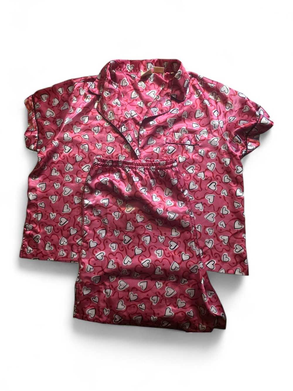Women's Pink Heart Satin Pajama Set - Short Sleeve Top & ShortsWomen's Pink Hear